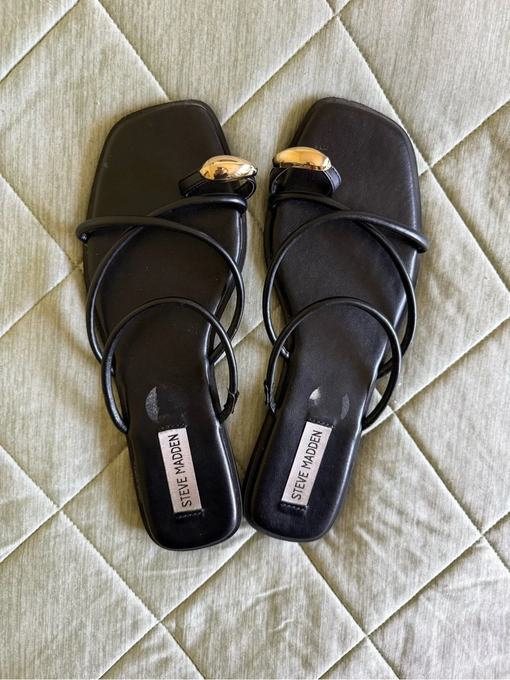 Steve Madden Black Strappy Square-Toe Mules with Gold Accent